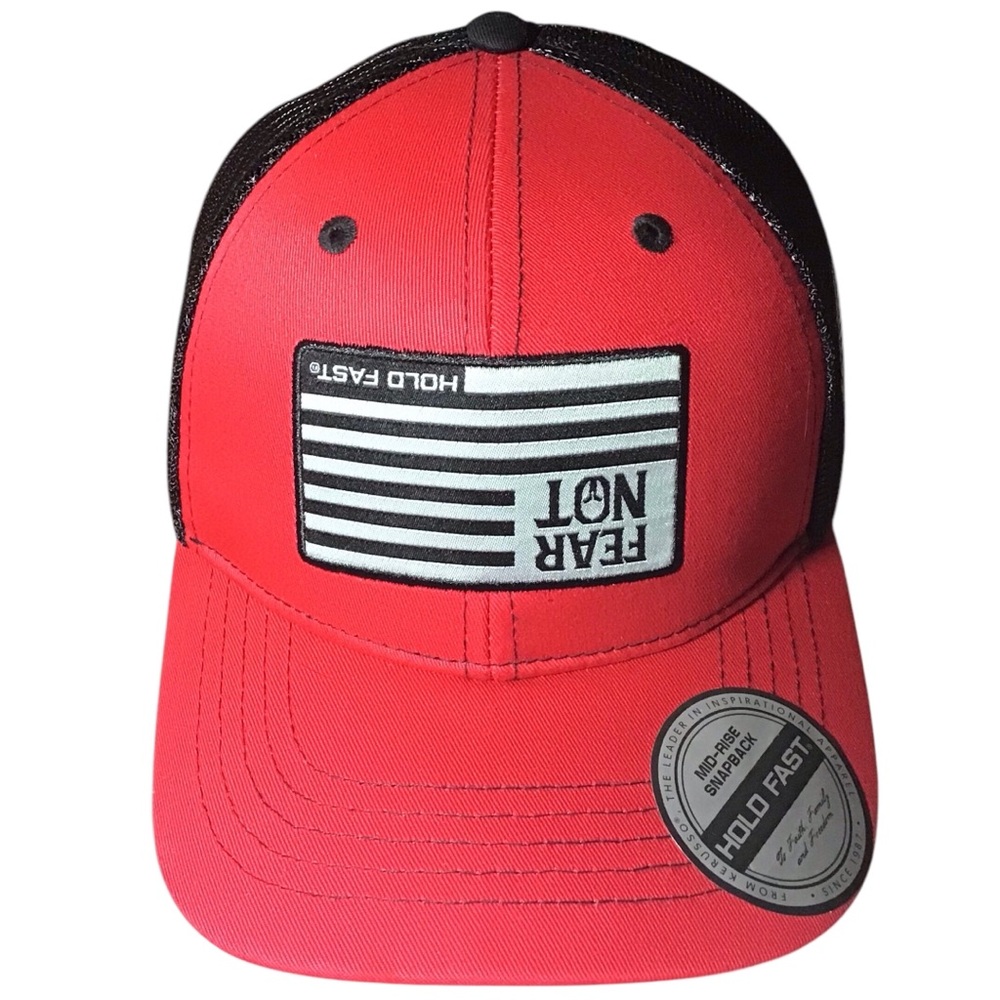 Hold Fast Red Black Mesh Trucker Hat  Snap Back Faith Family Freedom